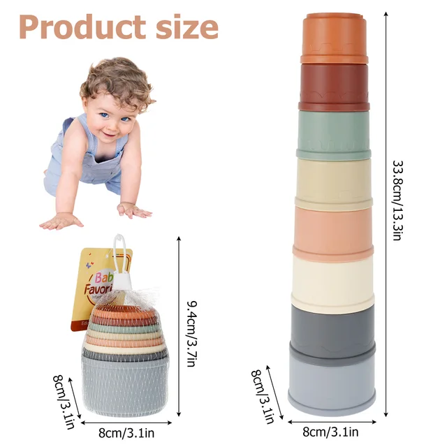 Baby Stacking Cup Toys Funny Early Educational Baby Toys Rainbow Stacking Tower Toys Baby Bath Toys Children Gift 8PCS 2