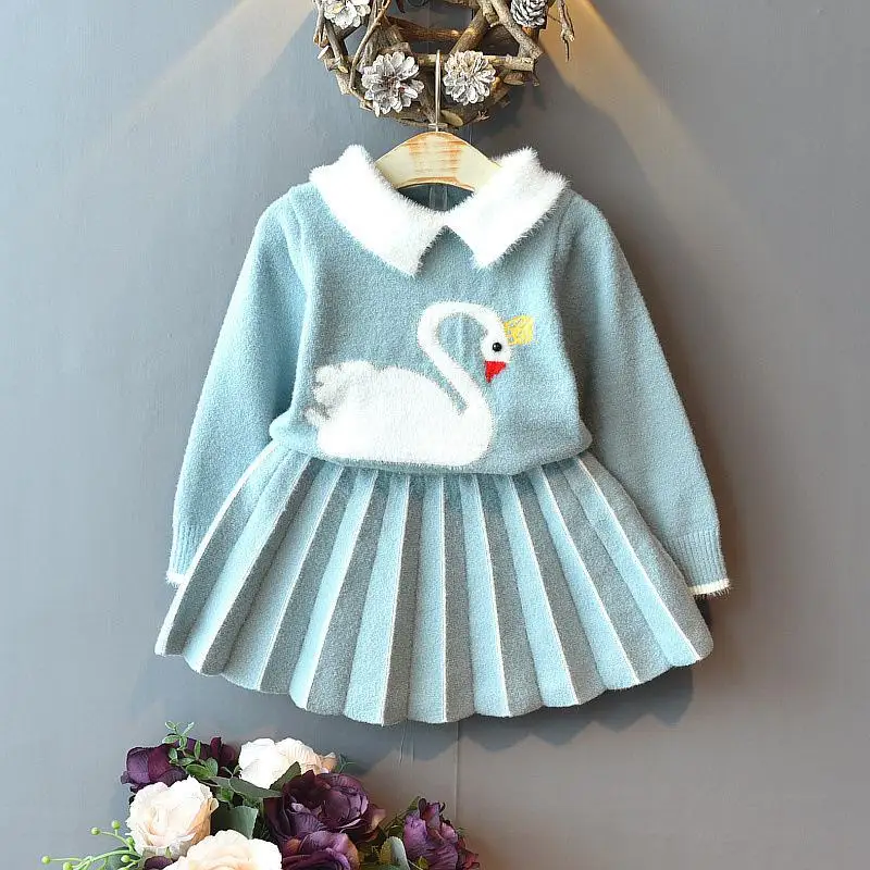 2092 г. Осенний свитер для маленьких девочек, костюм вязаный кардиган+ юбка, комплект одежды для малышей, клетчатый комплект одежды в полоску с длинными рукавами для детей - Цвет: AS PHOTO