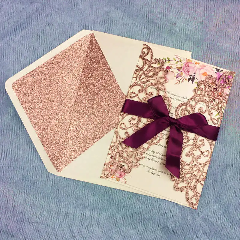 Wedding Invitation Flower Hollow Laser Cut Card With Candy Box Ribbon Envelopes 