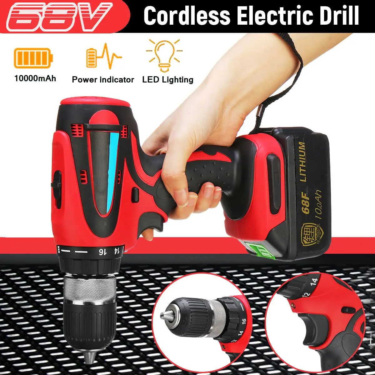 

10000mAh 68 V Max Electric Screwdriver Cordless Drill Mini Wireless Driver AC Lithium-Ion Battery 2-Speed
