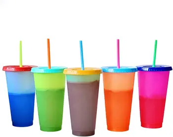 

5Piece Color Changing Cups,24oz Cold Drink Cups, Reusable Cups with Lids and Straws-Bright Coffee Tumblers Party Cup for Adults