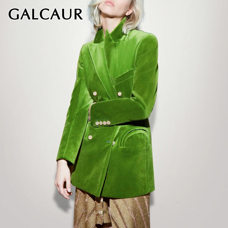 GALCAUR Green Flocking Women's Blazer Notched Long Sleeve Asymmetrical Elegant Autumn Female Suits Clothing Fashion Tide 2020 | Женская
