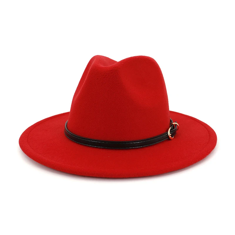 FS британский стиль желтый шерстяной фетр джазовая фетровая шляпа для мужчин и женщин с плоскими полями Кепка джентльмен Европа официальная шляпа флоппи Трилби праздничные колпаки - Цвет: Red fedora