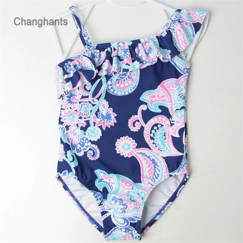 Купальный костюм для девочек, темно-синий и Классический Цельный купальник с цветочным узором для девочек от 2 до 8 лет, детский купальный костюм Детская летняя пляжная одежда