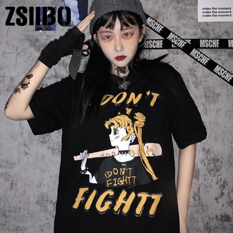 Summer Cool Short Punk Gothic HipHop Tshirt Harajuku Sleeve T Shirt Sailor Moon Print Vintage T-shirt Streetwear Oversize tops