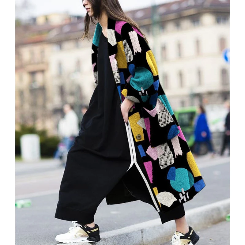 Женское цветное пальто с длинным рукавом, ветровка с геометрическим принтом, Женское пальто, Звездные модели размера плюс, куртка