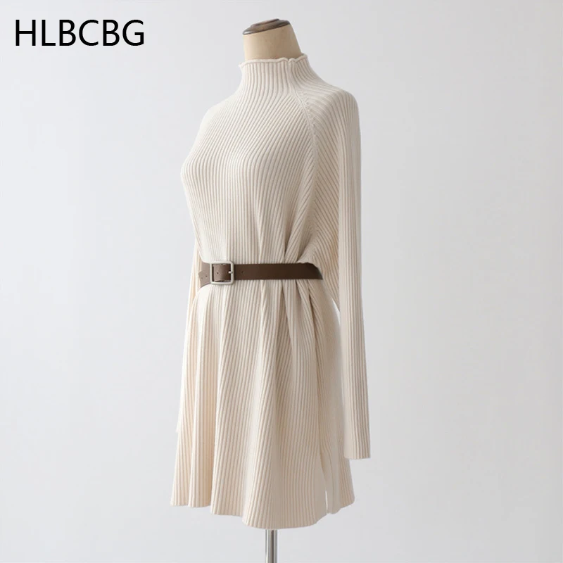 

HLBCBG 2021 Autumn Winter Mock Neck straight sweater Dress Women Casual oversize Sweater Dresses maix THICK batwing sleeve Dress