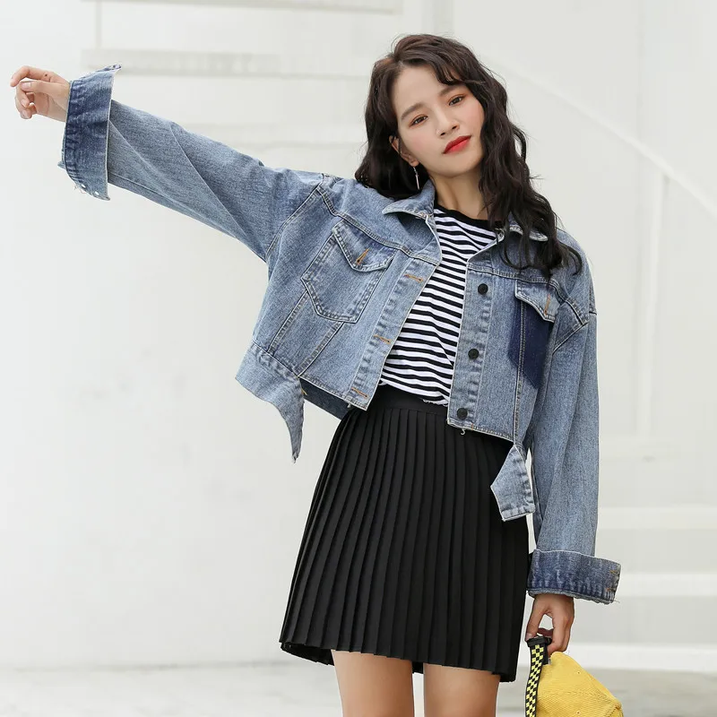 

2018 Autumn And Winter New Style Korean-style CHIC Sweet Women's Short Students Jeans Coat Contrast Color Pocket Harajuku Cattle