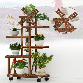 

Balcony Flower Shelf Indoor Special Wood Living Room Floor-mounted Multi-layer Rack Succulent Flower Pot Rack with Wheels