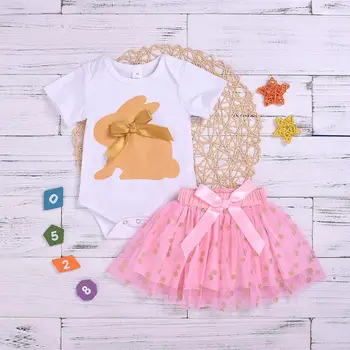 

2020 Easter Day Baby clothes set Girl 0-24M Rabbit print Romper + Lace tutu Dress 2PC Outfits