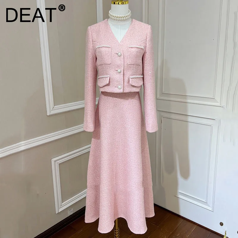 DEAT Women Tweed Suit Pink Pearls V Neck Full Sleeve Jackets + Maxi High Waisted Skirt Vintage Style 2021 Autumn Fashion 15AB038 |