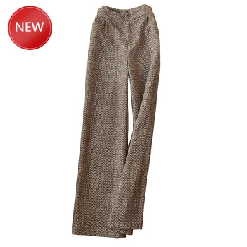 

women fashion office ladies temperament high waist woolen wide leg pants herringbone trousers Womens Clothing Autumn winter new