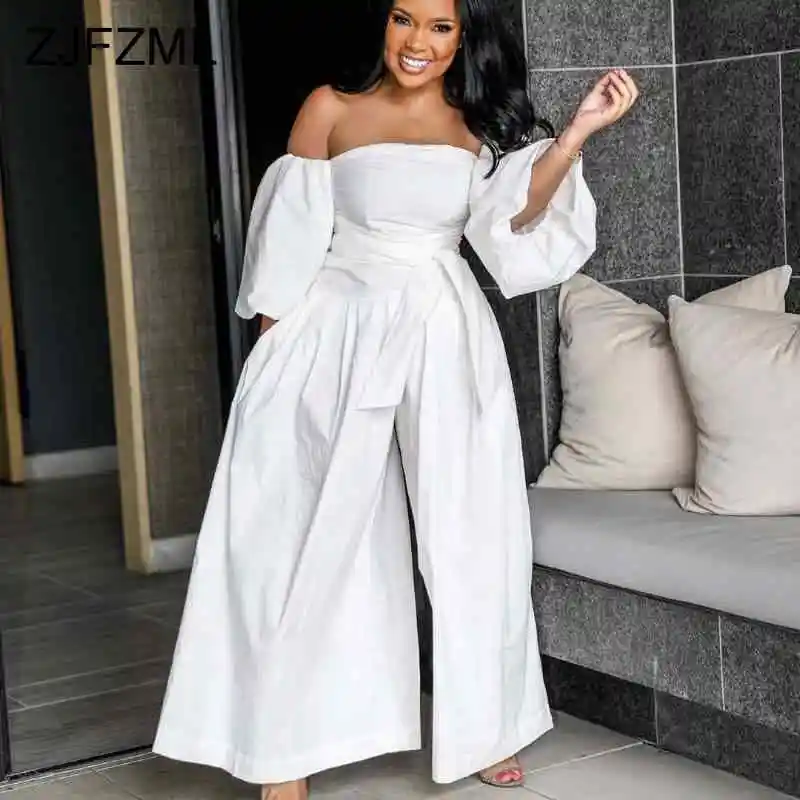 

Off Shoulder Sexy Plus Size Wide Leg Overalls for Women Backless Tie Up Elegant White Jumpsuit Summer Short Sleeve Loose Romper