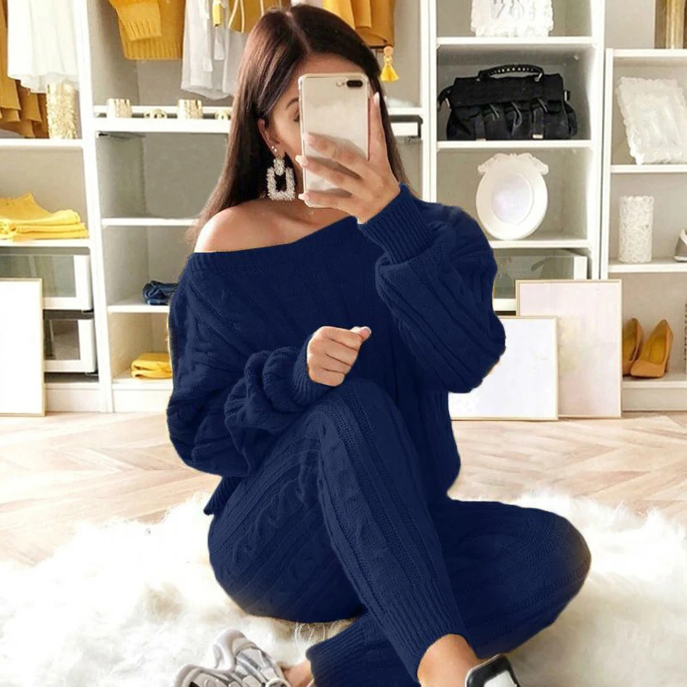 LITTHING Autumn New Cotton Tracksuit Women 2 Piece Set Sweater Top+Pants Knitted Suit O-Neck Knit Set Women Outwear 2 Piece Set