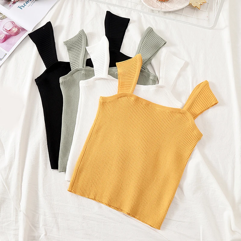 

Sexy Knitted Tops Women Tank Top Crop Sleeveless Cropped Vest Slim Knitted Tank Top High Elastic Camis