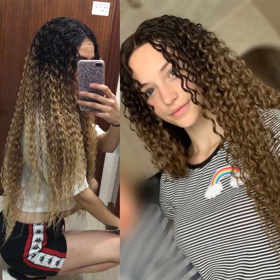 

Kinky Curly Long Wigs 96CM Lace Front Synthetic Wigs For Black Women Middle Part Soft Ombre Blonde Wig Heat Resistant Fiber Hair