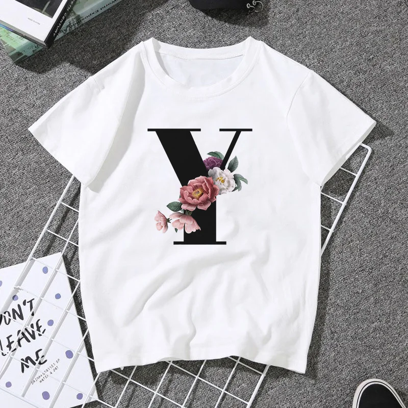 A B C D E English Alphabet Print T Shirt Women 2020 New Summer Couples Lovers Female T-Shirt Harajuku Casual White Tops Tshirt
