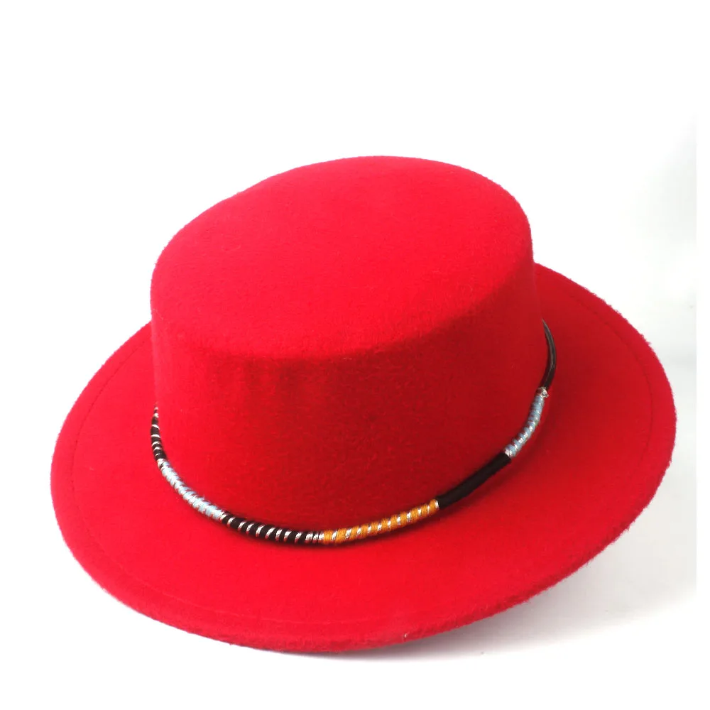 Red Высококачественная Мужская и женская шляпа на плоской подошве, Шляпа Fedora, шляпа Boater Jazz, широкая шляпа для улицы, свиная шляпа, Повседневная шляпа, размер 56-58 см - Цвет: Red