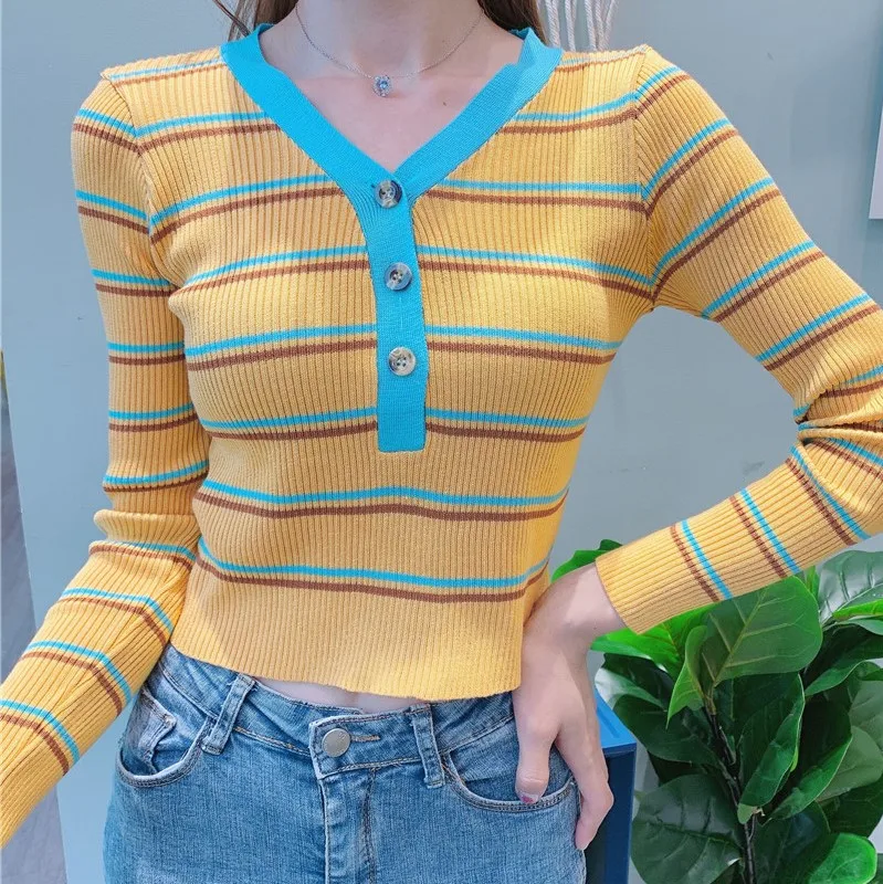 

New Autumn Women Striped Sweater Girls Stretchy Slim Buttons V-Neck Cropped Sweater Pullover Crop Top For Female GM623