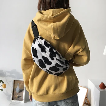 

New Women Cow Print Plush Waist Bag Brand Pouch Sport Belt Hip Chest Crossbody Shoulder Purse High Quality