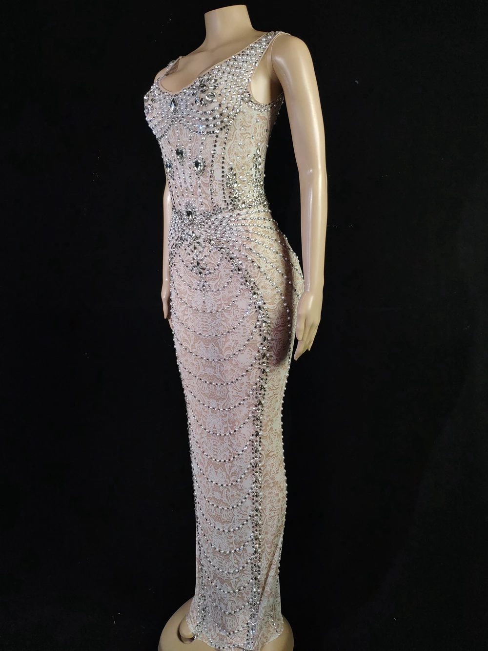 Silver Rhinestones Pearls Mesh See Through Dress Women Celebrate Birthday Dress Prom Party Outfit Female Singer Sexy Long