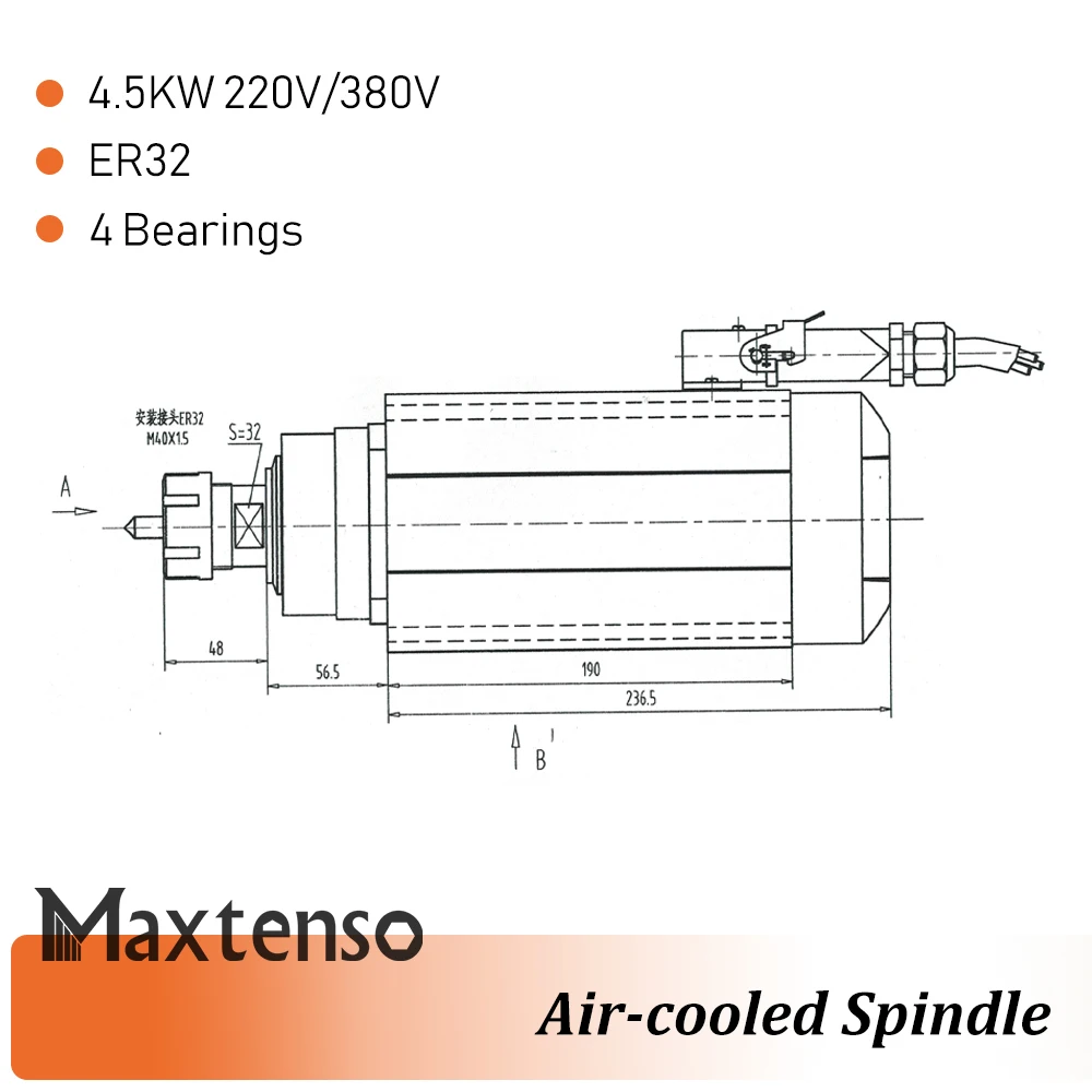 MAXTENSO 4.5KW 220V 380V Air cooling Spindle Motor CNC Router ER32 collet Air-cooled spindle for Engraving Milling Machine GDZ