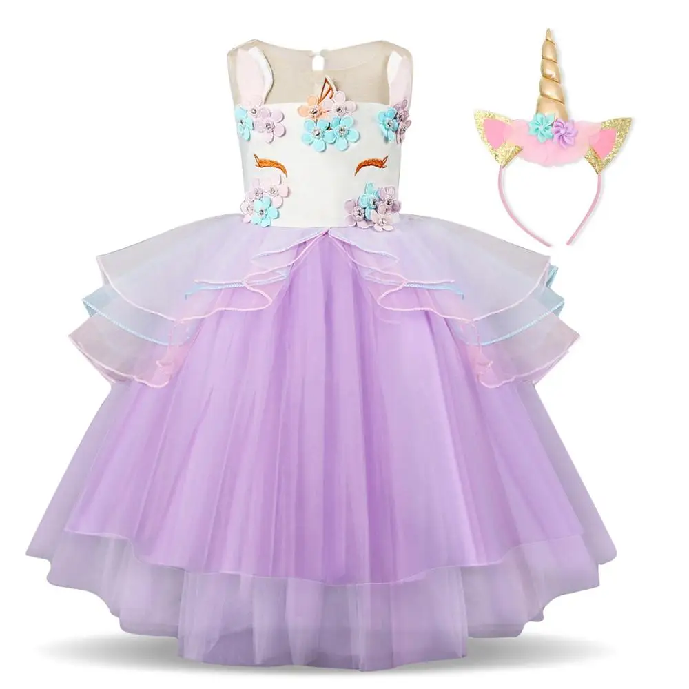 Коллекция года, нарядное рождественское платье для девочек Детские платья для девочек, вечерние платья с единорогом одежда для детей Карнавальный костюм для детей возрастом 3, 4, 5, 6, 7, 8 лет - Цвет: Purple Headband