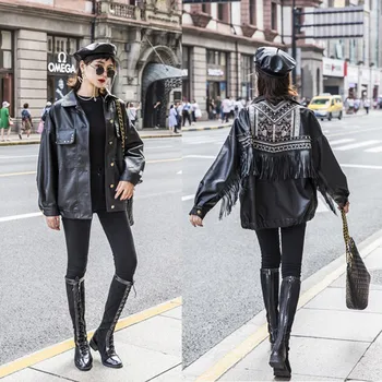 

Women Leather 2020 Jacket Fringed Rivet Punk PU Leather Jacket Locomotive Short Coat Motorcycle Outerwear Lady Embroidery Coats