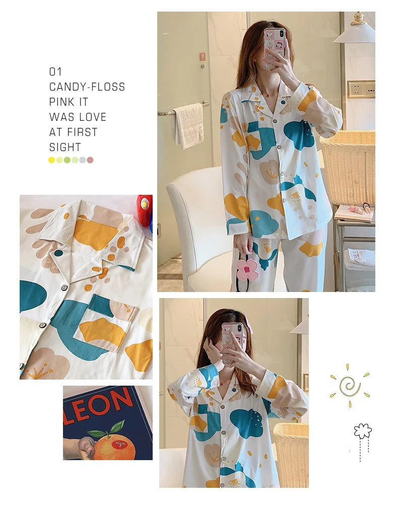 CAIYIER Autumn Winter New Sleepwear Set Women Turn-down Collar Pajamas Cute Cartoon Pattern Button Top+Pants Leisure Home Wear