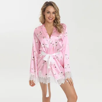 

Sexy Lingerie Women Printing Robe Satin Bathrobe Sleepwear Pajamas Bridal Gown women bathrobe szlafrok damski Dropship #D
