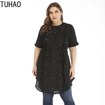 

TUHAO 2019 Large size 5XL 4XL 3XL beading black chiffon blouses women's long top fashion casual beaded shirt blouse female WM01