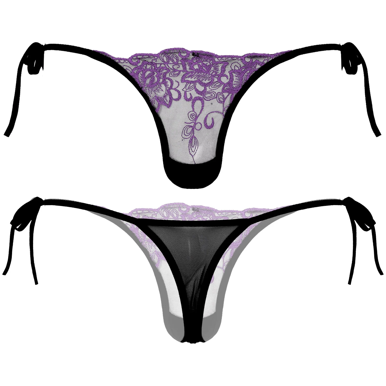 Men's Panties See-through Mesh Thongs Low Waist Lace-up G-string Sissy Briefs Underpants T-back Gay Underwear Embroidered Thongs