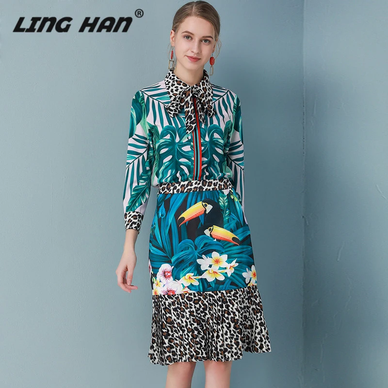 LINGHAN дизайнерский Женский комплект из двух предметов весна лето цветочный принт длинный рукав блузка+ леопардовая модная плиссированная юбка костюм