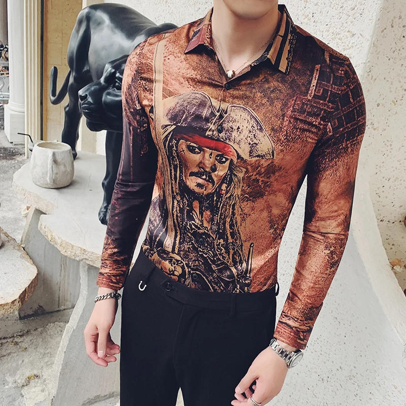 2019 New Fashion Mens Leopard Printed Shirt Party Club Casual Shirts For Male Long Sleeve Slim Baro