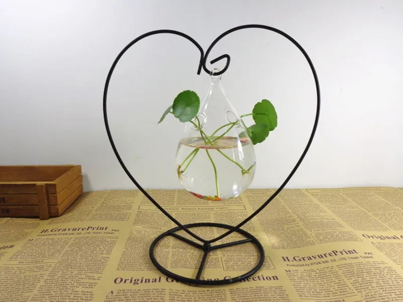 1set/pack Heart Stand Glass Terrarium Vase Diameter=8.5cm Height=13cm Water Drop with 2 small holes Hanging Glass Vase