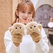 Gato de pelúcia luvas sem dedos luvas de pele inverno macio quente engrossar luvas para mulher menina metade dedo luvas à prova de frio