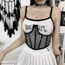 Punk Metal Chain Black Corset Mall Goth High Waist Corsets Harajuku Vintage Mesh See Through Waist Shaper Corsets