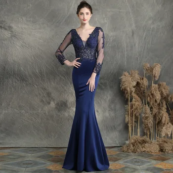 

Formal Evening Dresses Women's Spring Elegant V-neck Long Sleeve Lace Prom Wedding Party Gowns Banquet Fishtail Bride Dresses