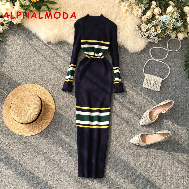 Женское трикотажное Полосатое платье ALPHALMODA Облегающее вязаное в стиле ретро на