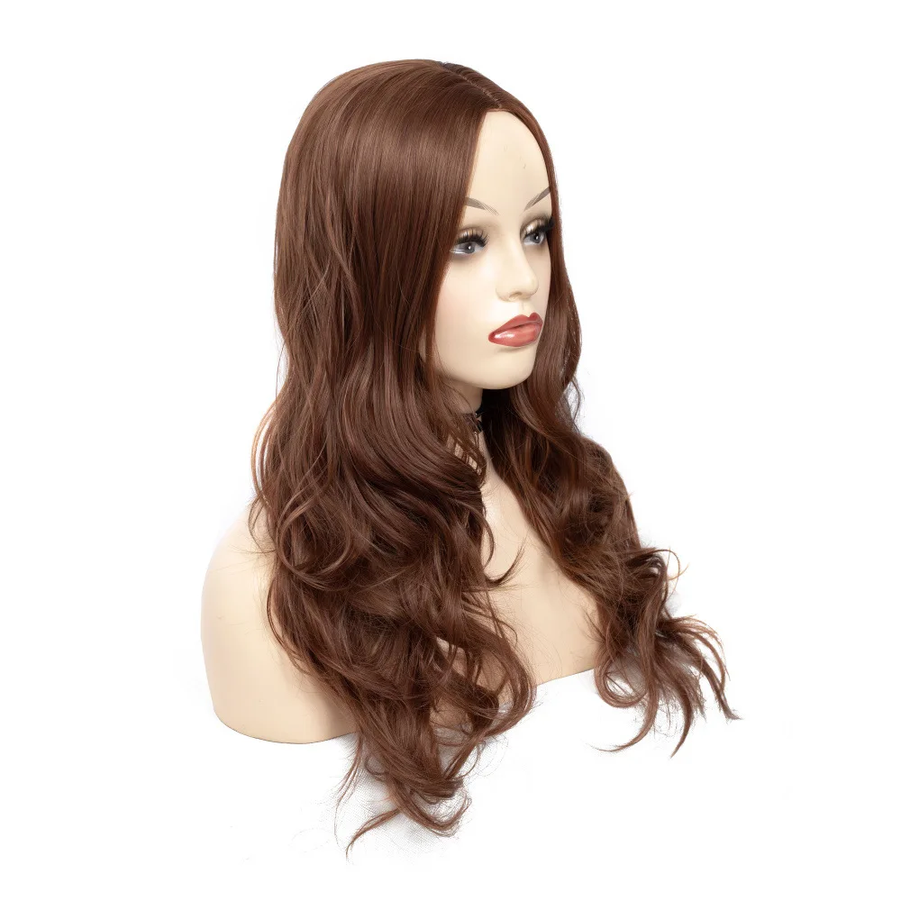 LIHUI African American Long Mix Brown Womens Wigs with Bangs Water Wave Heat Resistant Synthetic Wigs for Women