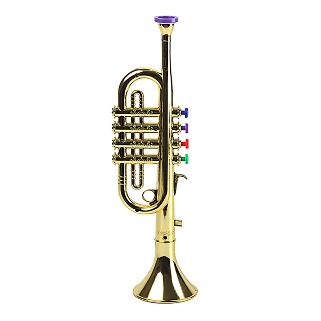 Gold 14-1/2 Inch Trumpet with 4 Colored Keys, Musical Wind Instrument Music Toys for Kids, Learning & Entertainment