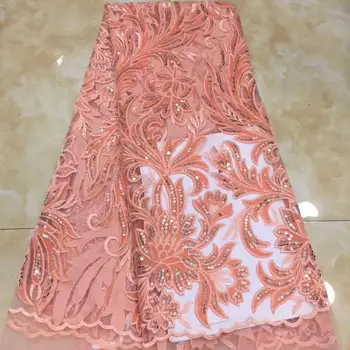 

Latest Pink African french lace fabric with velvet sequins embroidered tulle mesh lace for Nigerian dresses 5 yards