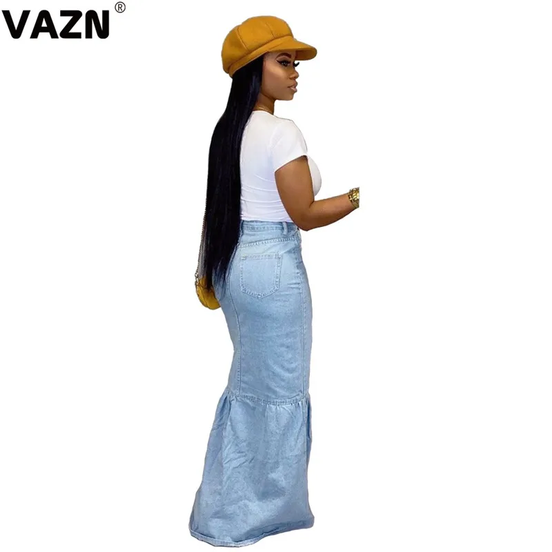 VAZN BN9212 новые джинсовые юбки для молодых леди Из заметок Неопрятные сексуальные однотонные с высокой талией дикие Джокер обтягивающие женские макси-Юбки Русалки