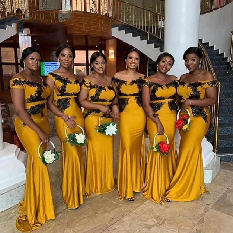 Mermaid Off the Shoulder Bridesmaid Dresses Black Applique African Woman Robe Demoiselle D'honneur Wedding Guest Dress