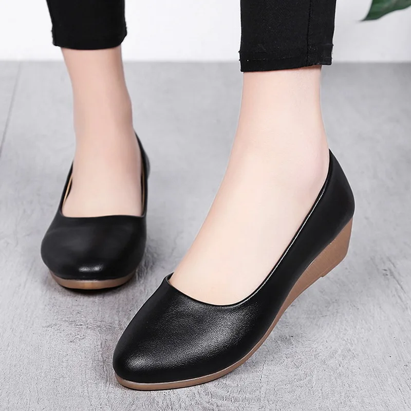

Spring Autumn Women Boat Shoes Basic Wedges Pumps Medium Heels shoes Black Slip on Shoes wedge Woman Shoes zapatos mujer
