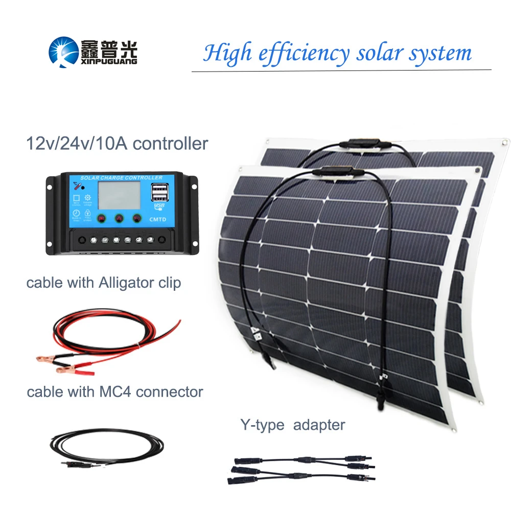 

100w 12v Solar System 50w 18v Semi Flexible Solar Panel Efficient Cell 12v 24v 10A Controller Cable PV Connector DIY Kit Charge