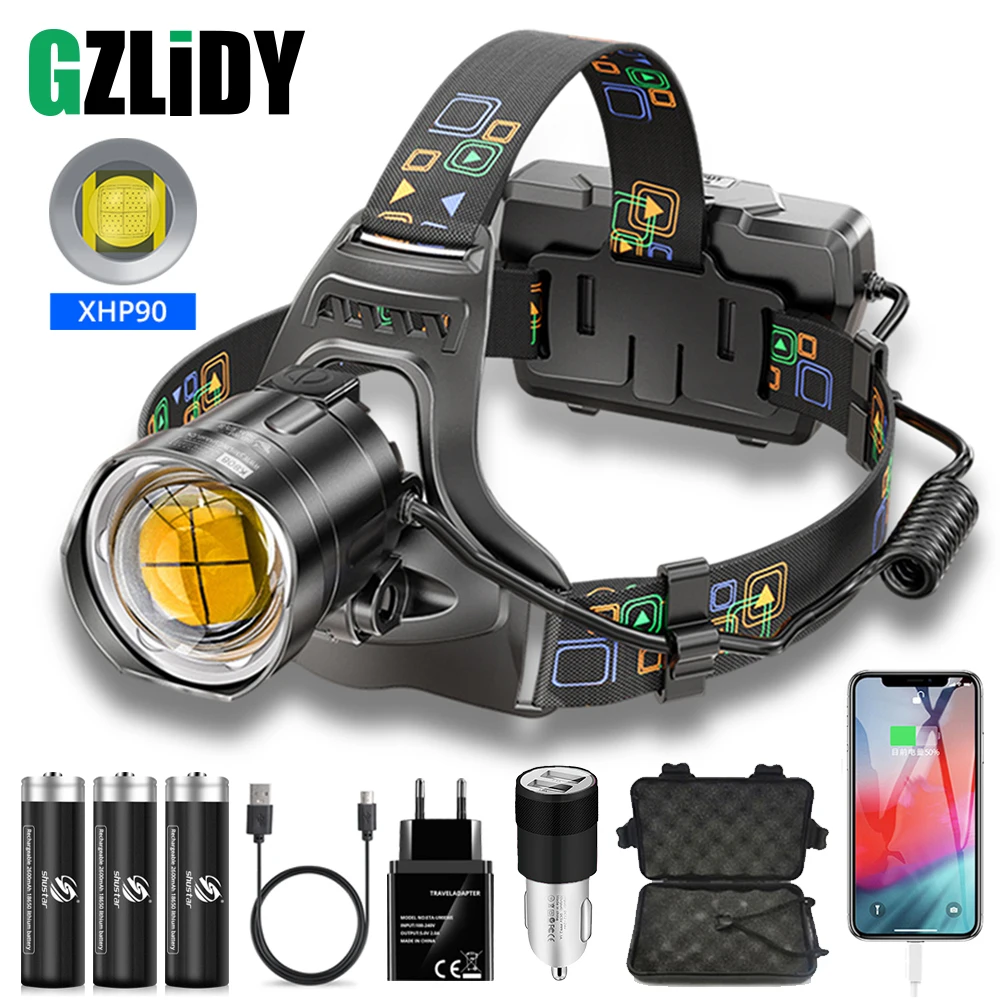 Powerful XHP90 LED Headlamp 3 Modes Waterproof Zoom Headlight USB Rechargeable 18650 Lantern Suitable for Hunting, Fishing.etc Head Flashlight