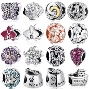 

S925 Beads Butterfly Primrose Shell Stars Heart Strawberry Starfish Ship Dog Cat Bowl Charms fit Pandora Bracelets