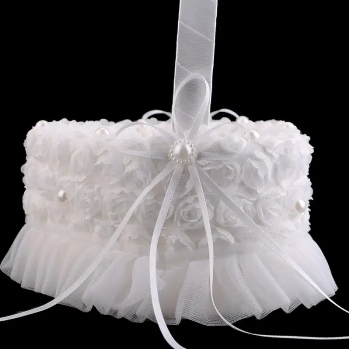 Wedding Decorations Party Supplies Bride Flower basket shaped Decor Bridesmaid Satin Pearls Wedding Flowers Heart Girl Baskets