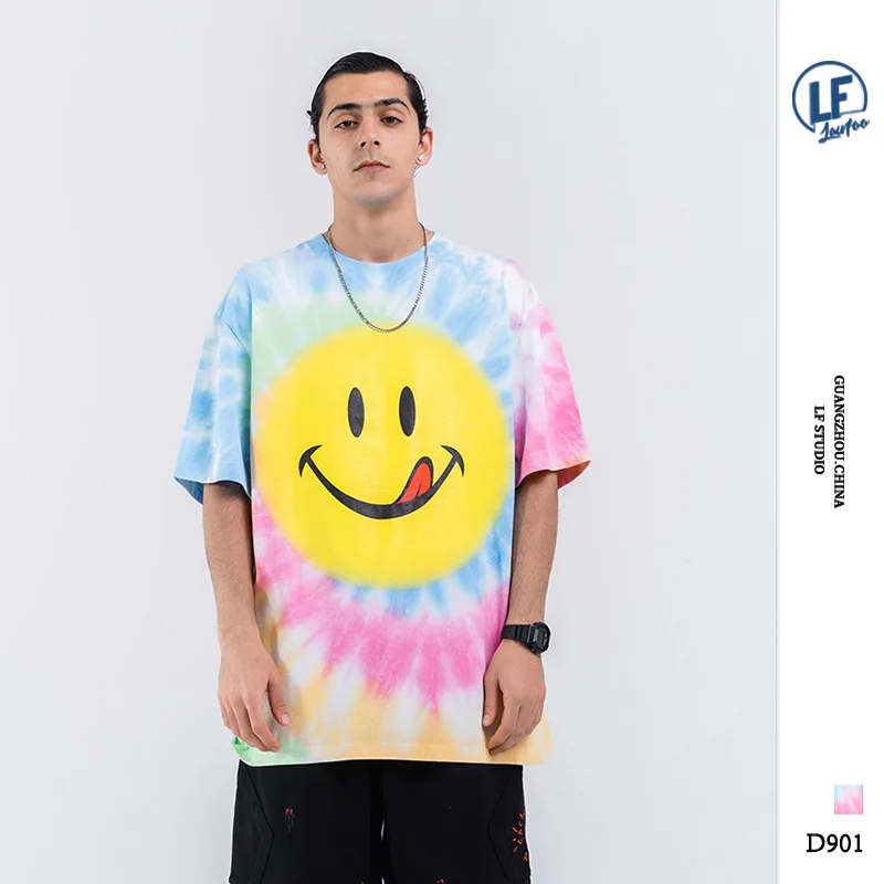 

Lawfoo20 Spring And Summer New Style Popular Brand Men'S Wear Colorful Tie-dye Smiley Printed Couples Loose-Fit MEN'S Short-slee